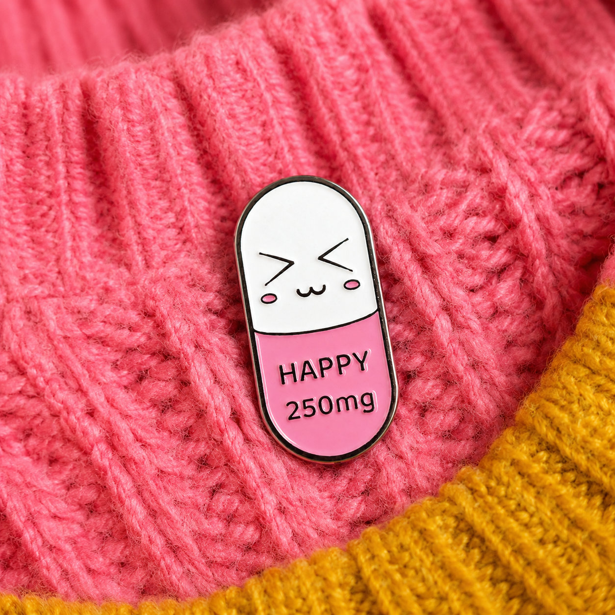 Happy 250mg Pill Capsule Enamel Pin