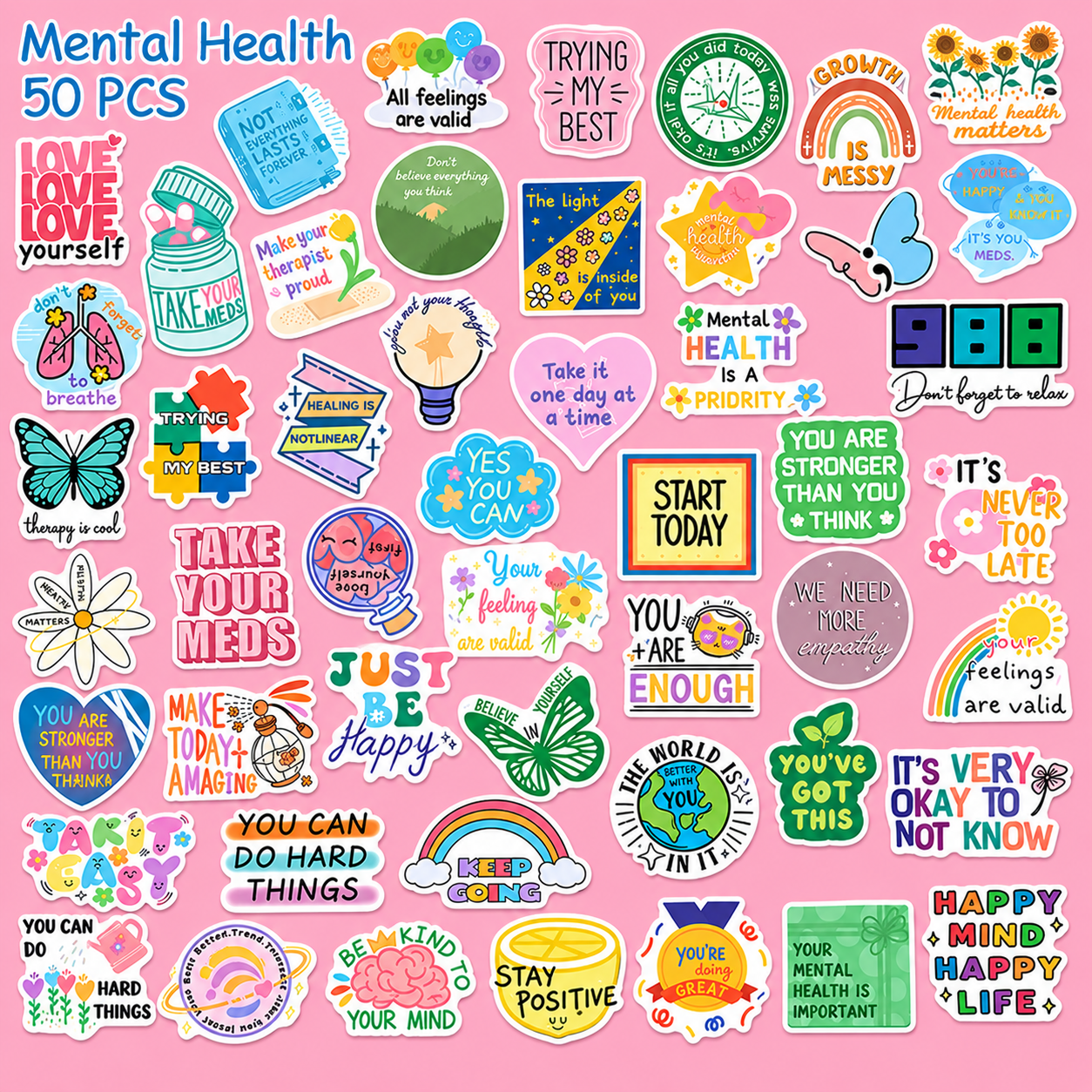 50pcs Waterproof Mental Health Stickers